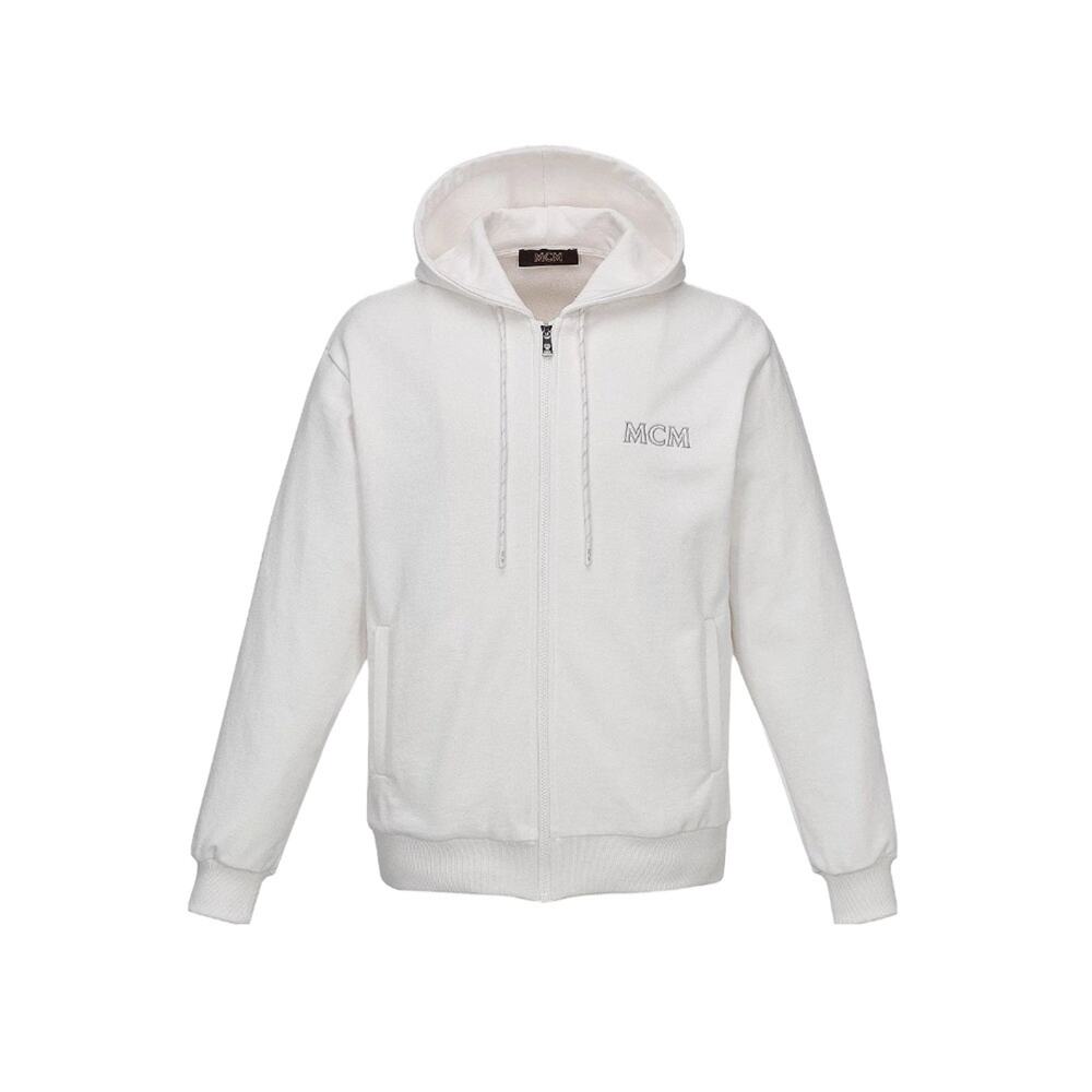 MCM Mens Essentials Logo Zip Up Hoodie In Organic Cotton White NWT